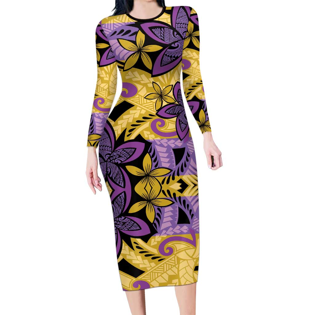 Plumeria Polynesian Pattern Family Matching Long Sleeve Bodycon Dress and Hawaiian Shirt Unique Fantasy Yellow Purple