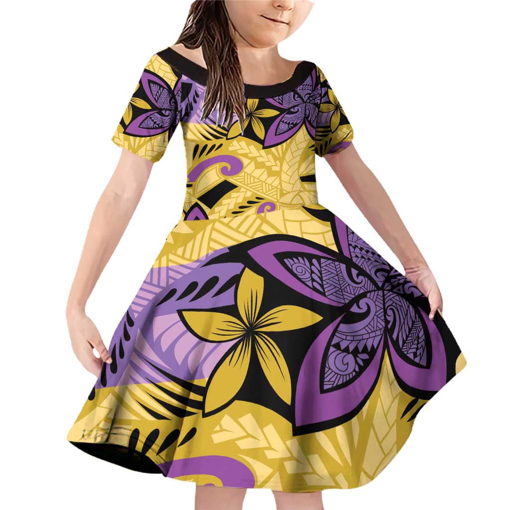 Plumeria Polynesian Pattern Family Matching Off Shoulder Short Dress and Hawaiian Shirt Unique Fantasy Yellow Purple