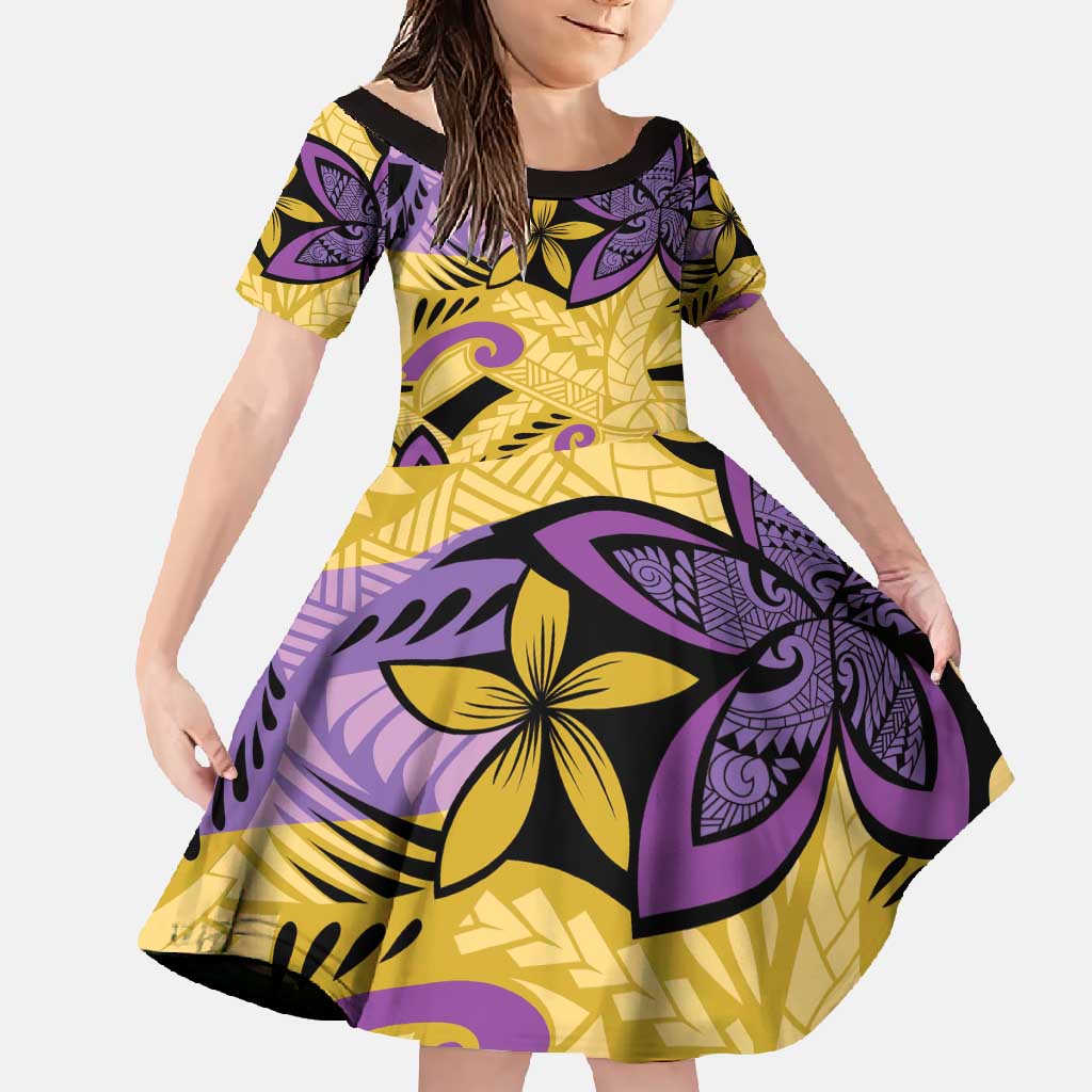Plumeria Polynesian Pattern Family Matching Short Sleeve Bodycon Dress and Hawaiian Shirt Unique Fantasy Yellow Purple