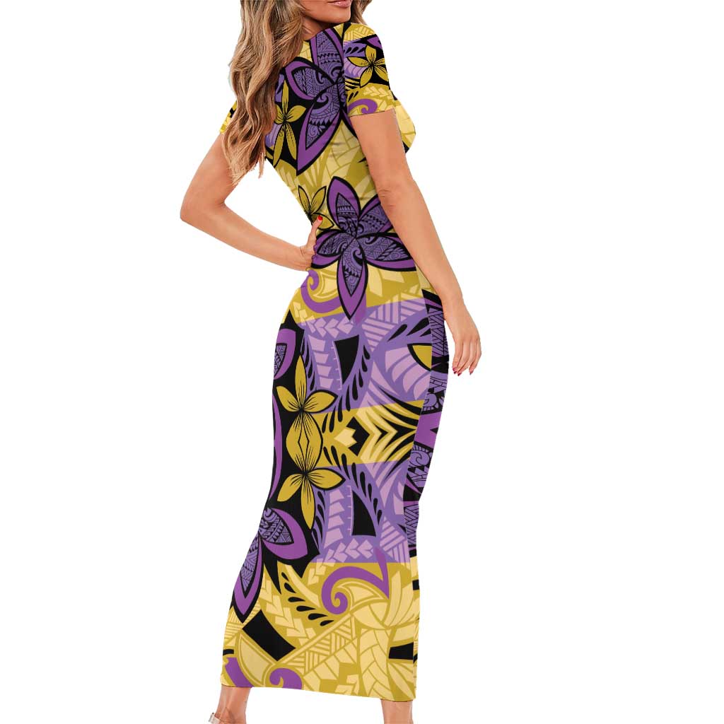 Plumeria Polynesian Pattern Family Matching Short Sleeve Bodycon Dress and Hawaiian Shirt Unique Fantasy Yellow Purple