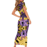 Plumeria Polynesian Pattern Family Matching Short Sleeve Bodycon Dress and Hawaiian Shirt Unique Fantasy Yellow Purple