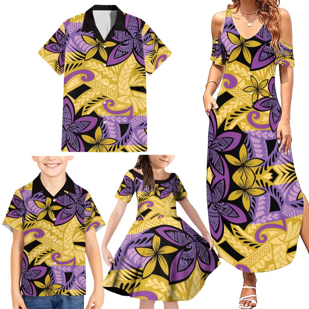 Plumeria Polynesian Pattern Family Matching Summer Maxi Dress and Hawaiian Shirt Unique Fantasy Yellow Purple