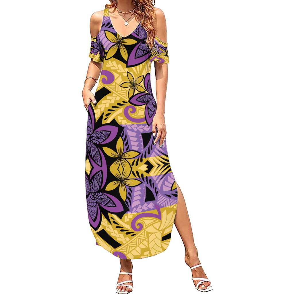 Plumeria Polynesian Pattern Family Matching Summer Maxi Dress and Hawaiian Shirt Unique Fantasy Yellow Purple