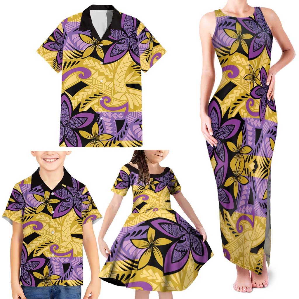 Plumeria Polynesian Pattern Family Matching Tank Maxi Dress and Hawaiian Shirt Unique Fantasy Yellow Purple