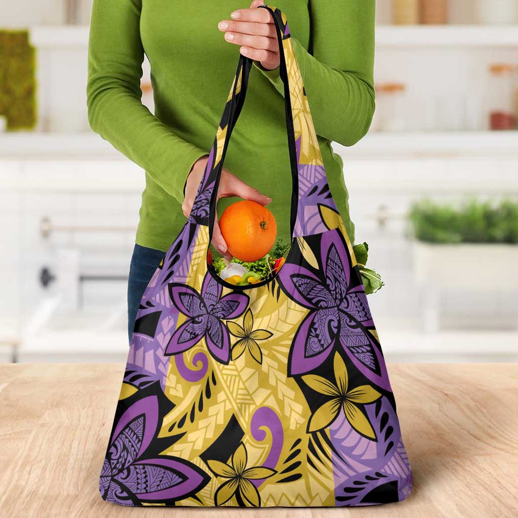 Plumeria Polynesian Pattern Grocery Bag Unique Fantasy Yellow Purple