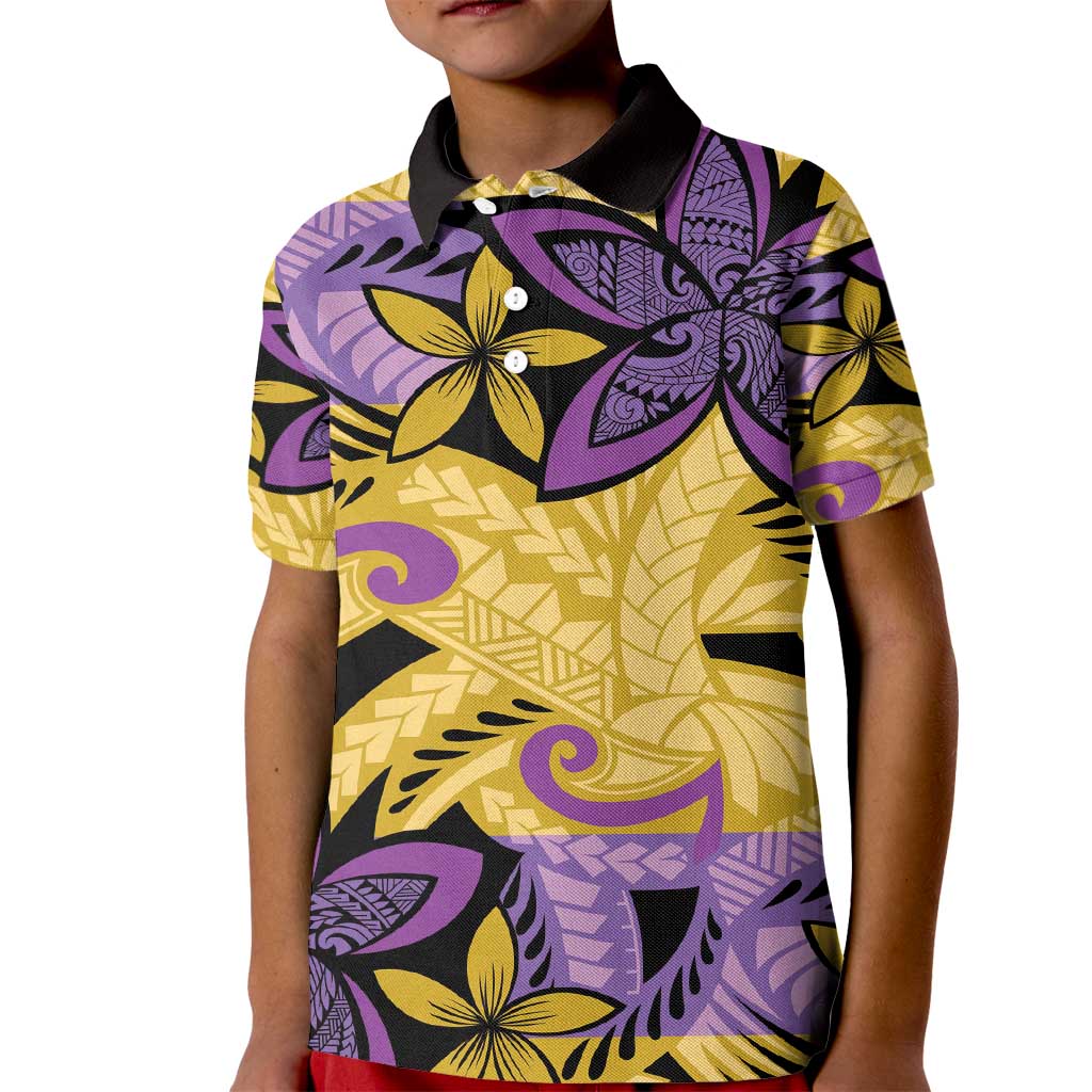 Plumeria Polynesian Pattern Kid Polo Shirt Unique Fantasy Yellow Purple