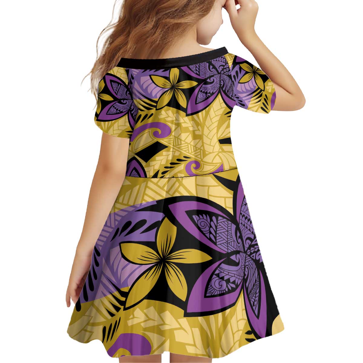Plumeria Polynesian Pattern Kid Short Sleeve Dress Unique Fantasy Yellow Purple LT01 - Polynesian Pride
