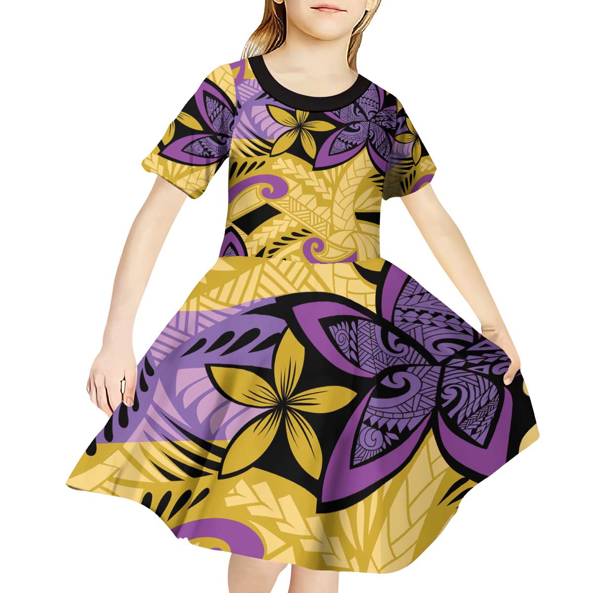 Plumeria Polynesian Pattern Kid Short Sleeve Dress Unique Fantasy Yellow Purple LT01 - Polynesian Pride