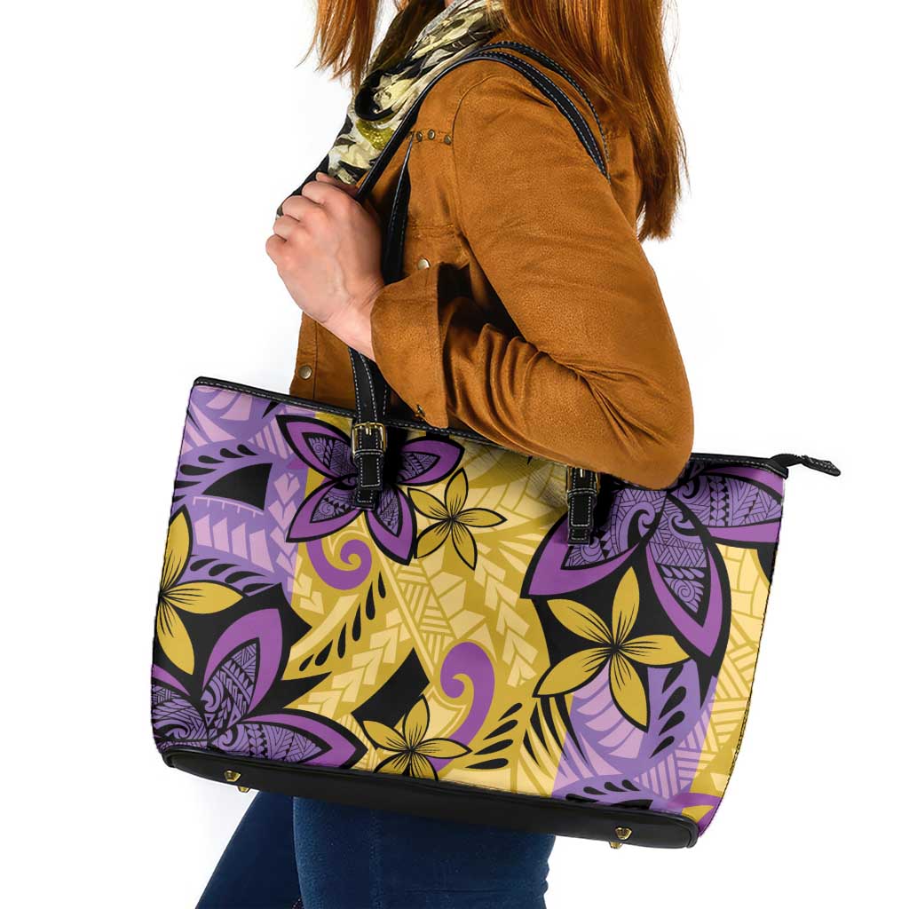 Plumeria Polynesian Pattern Leather Tote Bag Unique Fantasy Yellow Purple