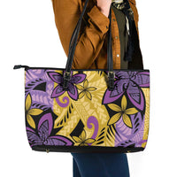 Plumeria Polynesian Pattern Leather Tote Bag Unique Fantasy Yellow Purple