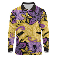 Plumeria Polynesian Pattern Long Sleeve Polo Shirt Unique Fantasy Yellow Purple