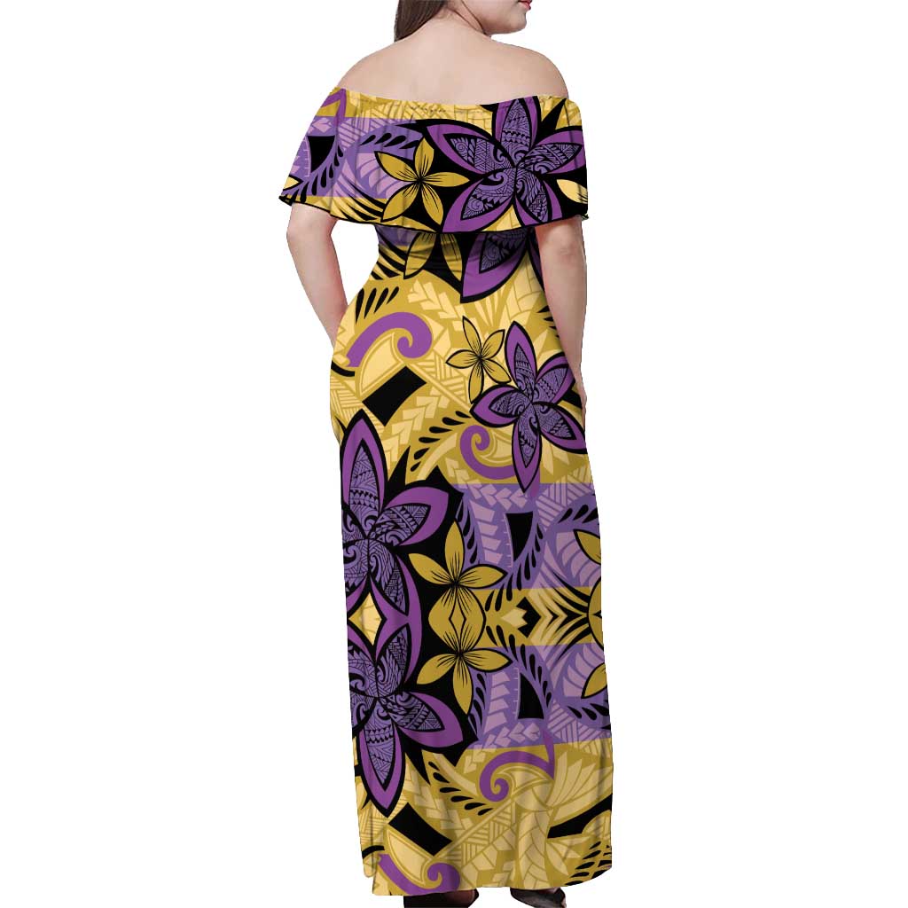 Plumeria Polynesian Pattern Off Shoulder Maxi Dress Unique Fantasy Yellow Purple