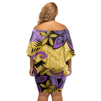 Plumeria Polynesian Pattern Off Shoulder Short Dress Unique Fantasy Yellow Purple