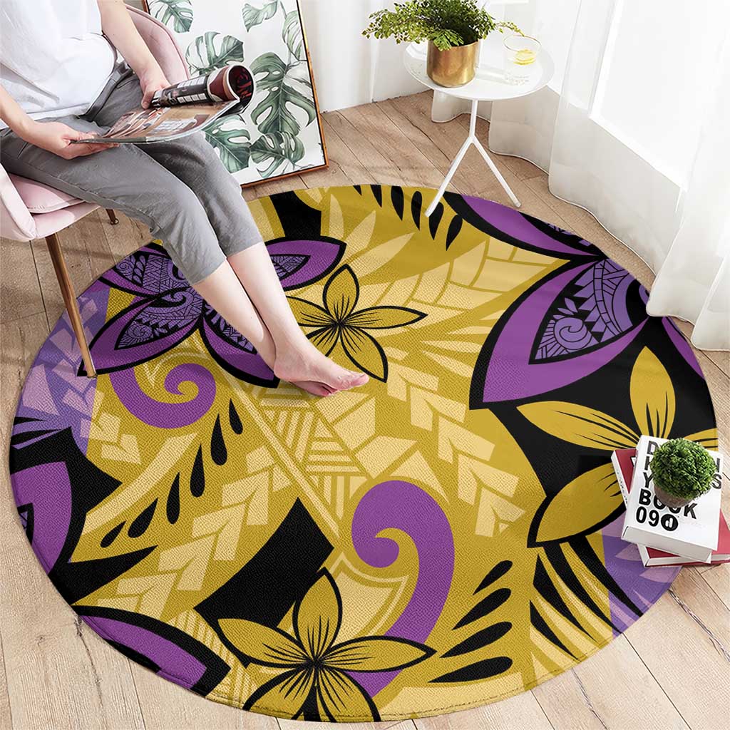 Plumeria Polynesian Pattern Round Carpet Unique Fantasy Yellow Purple