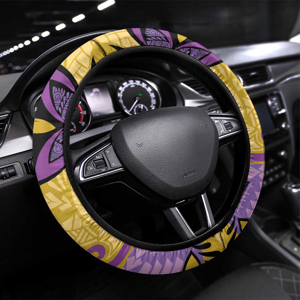 Plumeria Polynesian Pattern Steering Wheel Cover Unique Fantasy Yellow Purple LT01 Universal Fit Yellow - Polynesian Pride