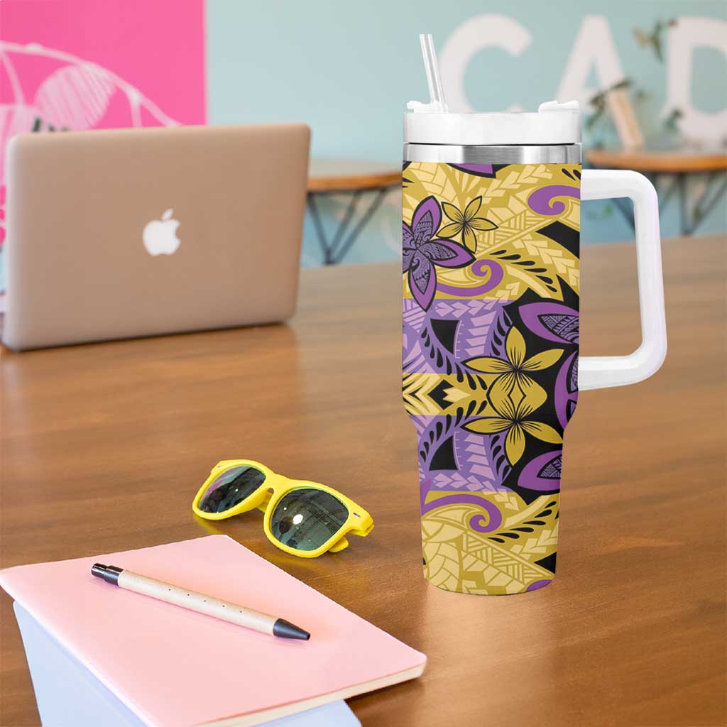 Plumeria Polynesian Pattern Tumbler With Handle Unique Fantasy Yellow Purple