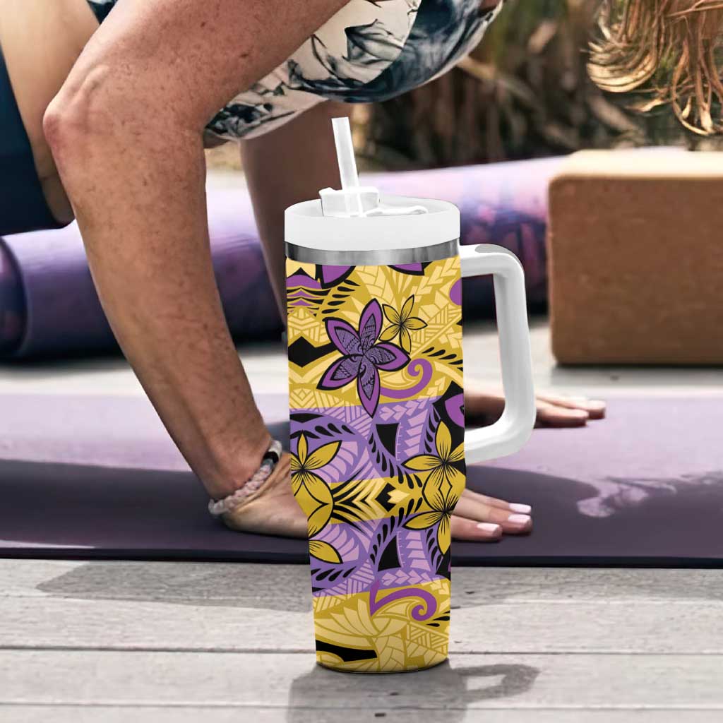 Plumeria Polynesian Pattern Tumbler With Handle Unique Fantasy Yellow Purple