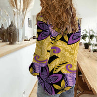 Plumeria Polynesian Pattern Women Casual Shirt Unique Fantasy Yellow Purple