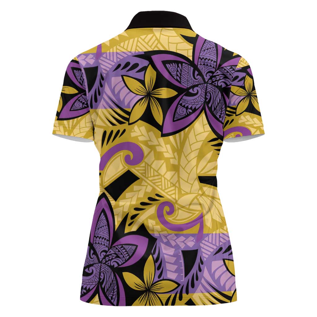 Plumeria Polynesian Pattern Women Polo Shirt Unique Fantasy Yellow Purple