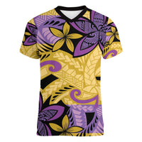 Plumeria Polynesian Pattern Women V-Neck T-Shirt Unique Fantasy Yellow Purple