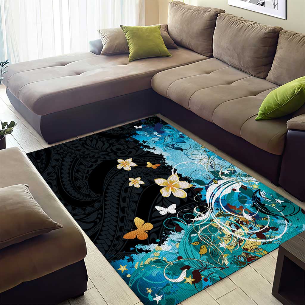 Blue Grunge Polynesian Pattern Area Rug Plumeria Floral