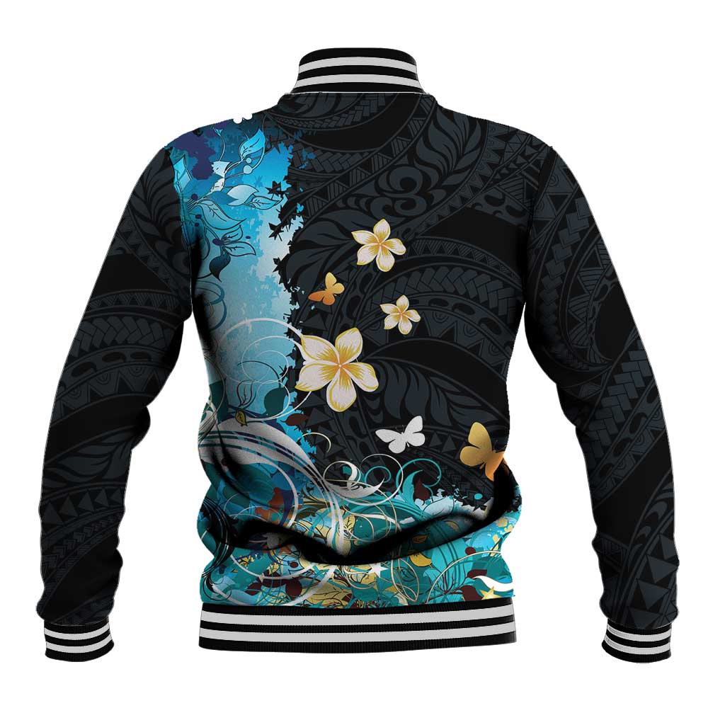 Blue Grunge Polynesian Pattern Baseball Jacket Plumeria Floral LT01 - Polynesian Pride
