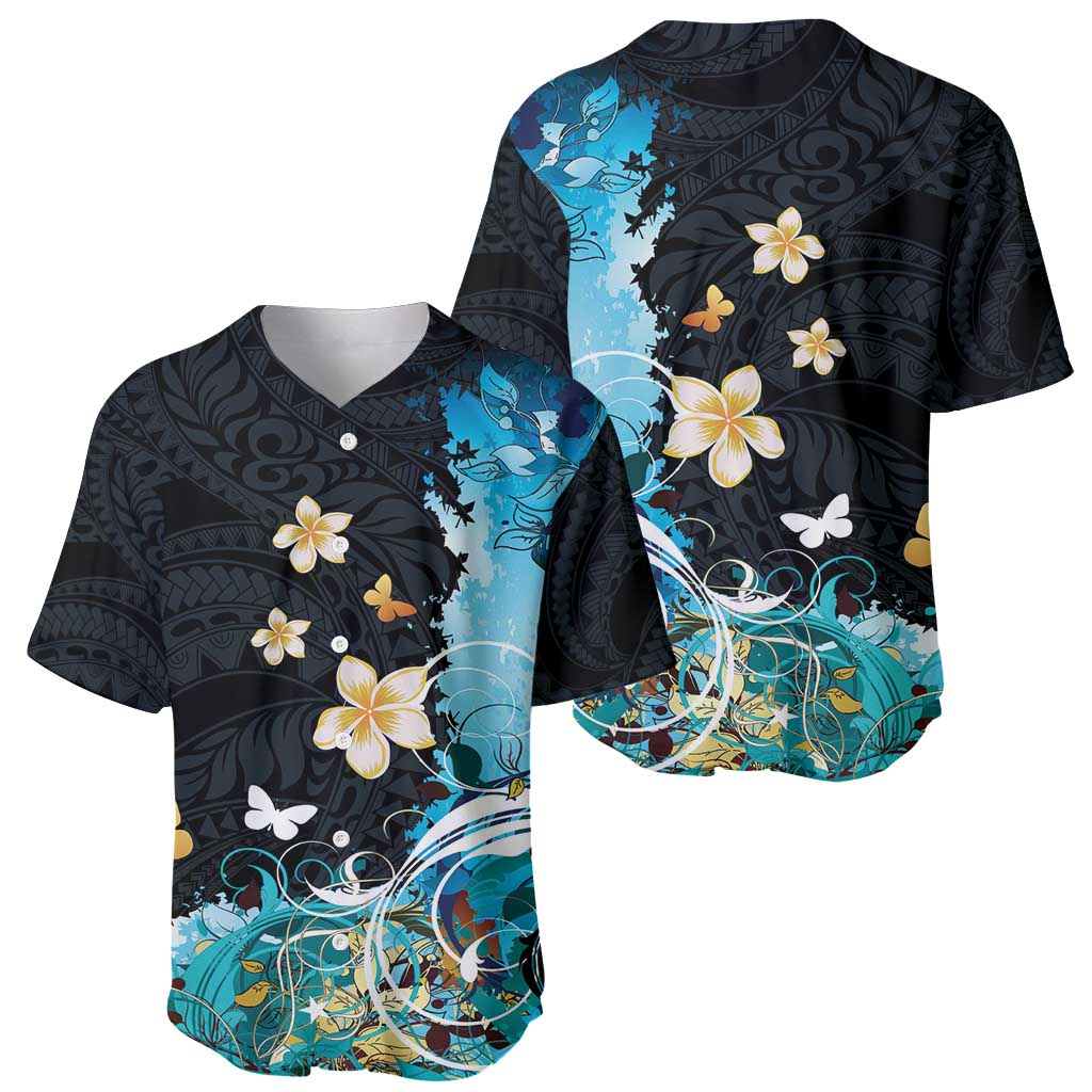 Blue Grunge Polynesian Pattern Baseball Jersey Plumeria Floral