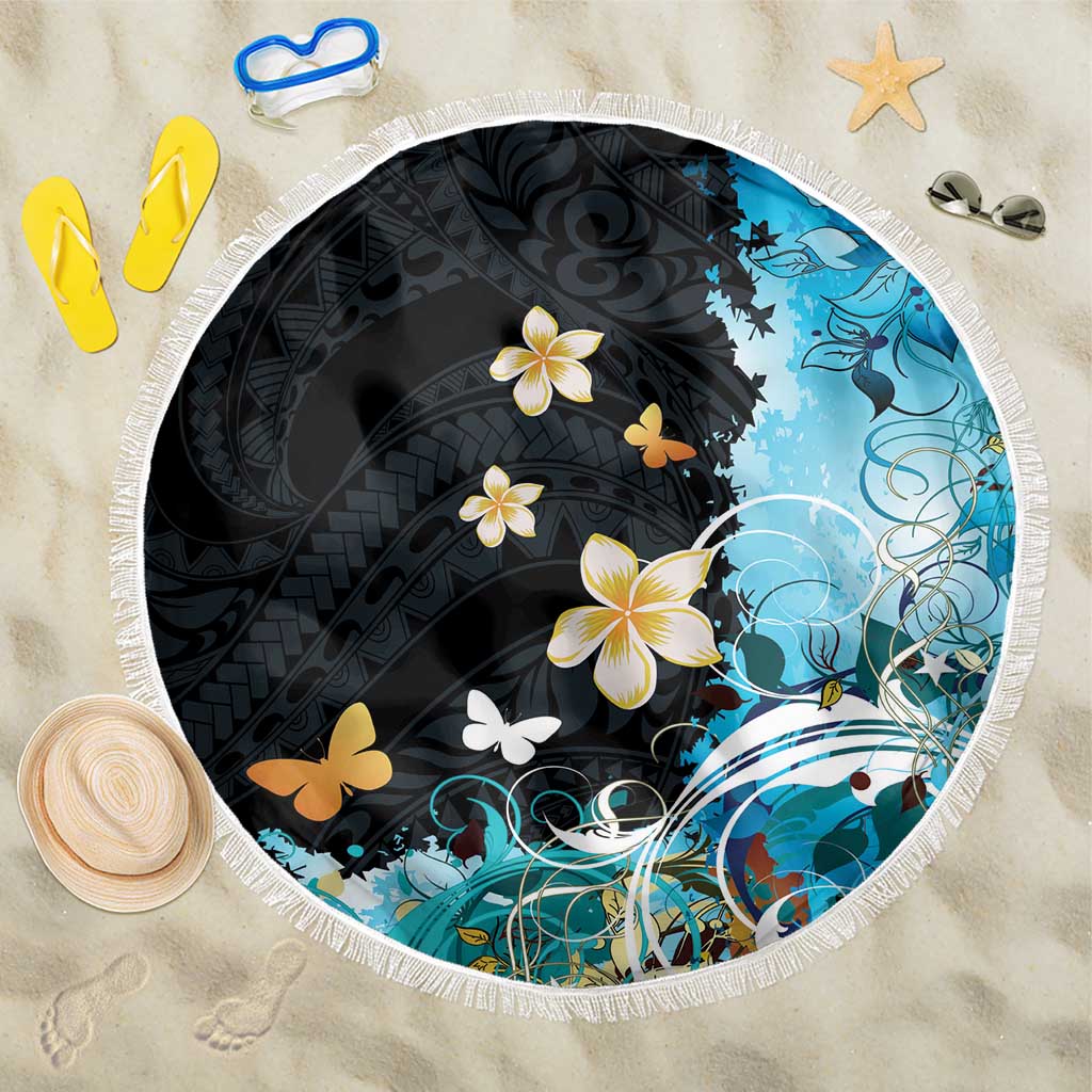 Blue Grunge Polynesian Pattern Beach Blanket Plumeria Floral LT01 One Size 150cm Blue - Polynesian Pride