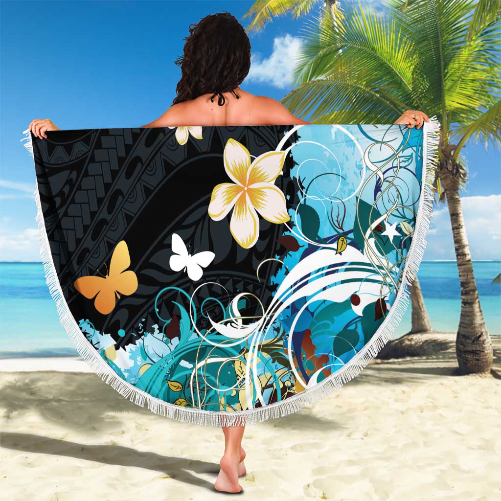Blue Grunge Polynesian Pattern Beach Blanket Plumeria Floral LT01 - Polynesian Pride