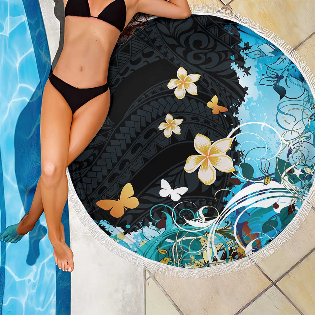 Blue Grunge Polynesian Pattern Beach Blanket Plumeria Floral LT01 - Polynesian Pride