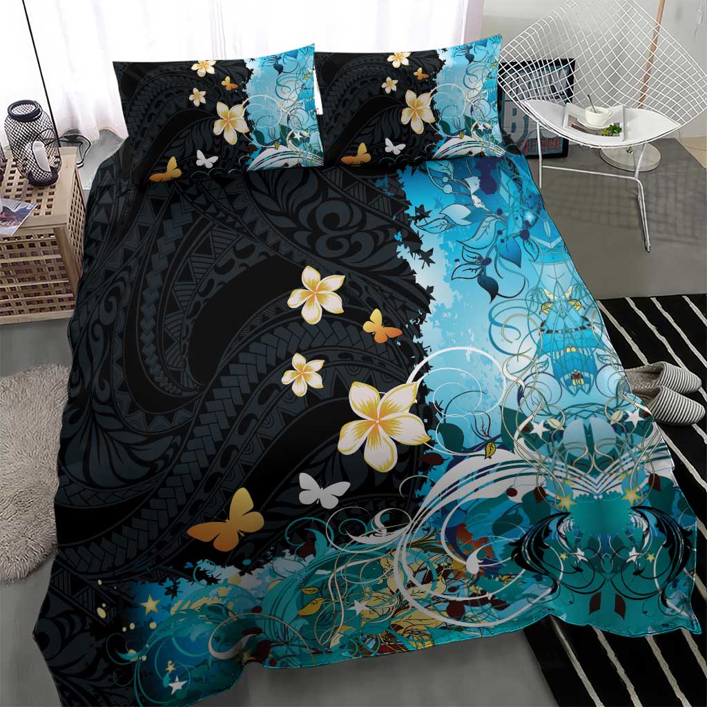 Blue Grunge Polynesian Pattern Bedding Set Plumeria Floral