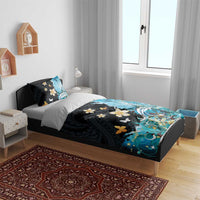 Blue Grunge Polynesian Pattern Bedding Set Plumeria Floral