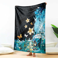 Blue Grunge Polynesian Pattern Blanket Plumeria Floral