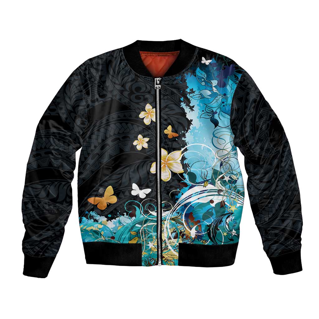 Blue Grunge Polynesian Pattern Bomber Jacket Plumeria Floral