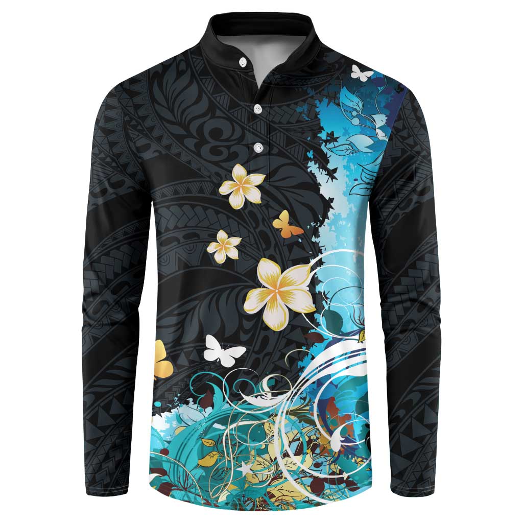 Blue Grunge Polynesian Pattern Button Sweatshirt Plumeria Floral LT01 Blue - Polynesian Pride