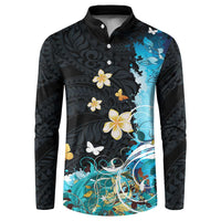 Blue Grunge Polynesian Pattern Button Sweatshirt Plumeria Floral LT01 Blue - Polynesian Pride