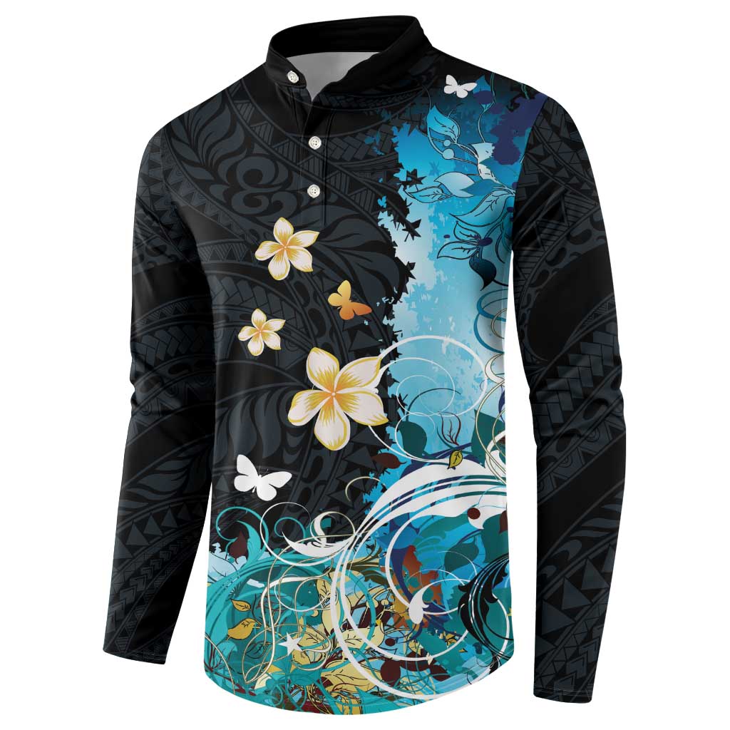 Blue Grunge Polynesian Pattern Button Sweatshirt Plumeria Floral LT01 - Polynesian Pride
