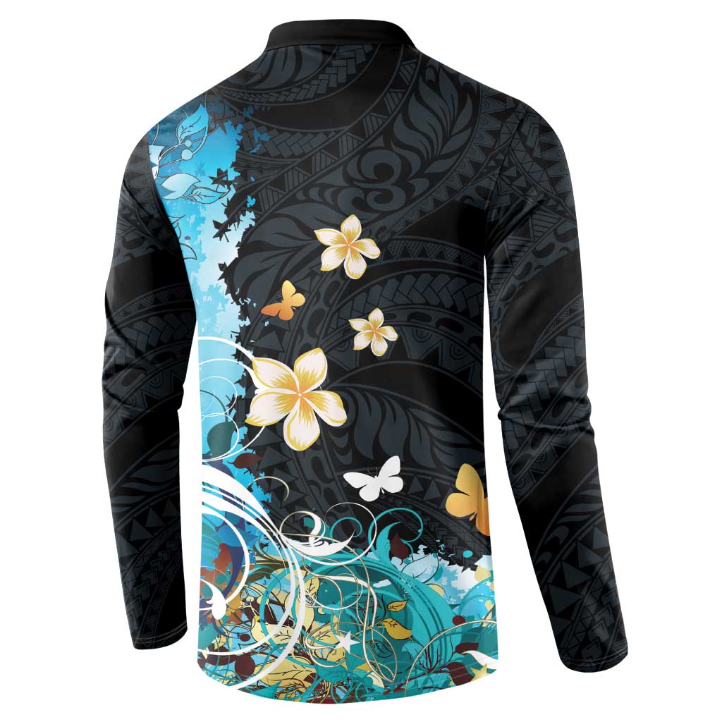Blue Grunge Polynesian Pattern Button Sweatshirt Plumeria Floral LT01 - Polynesian Pride