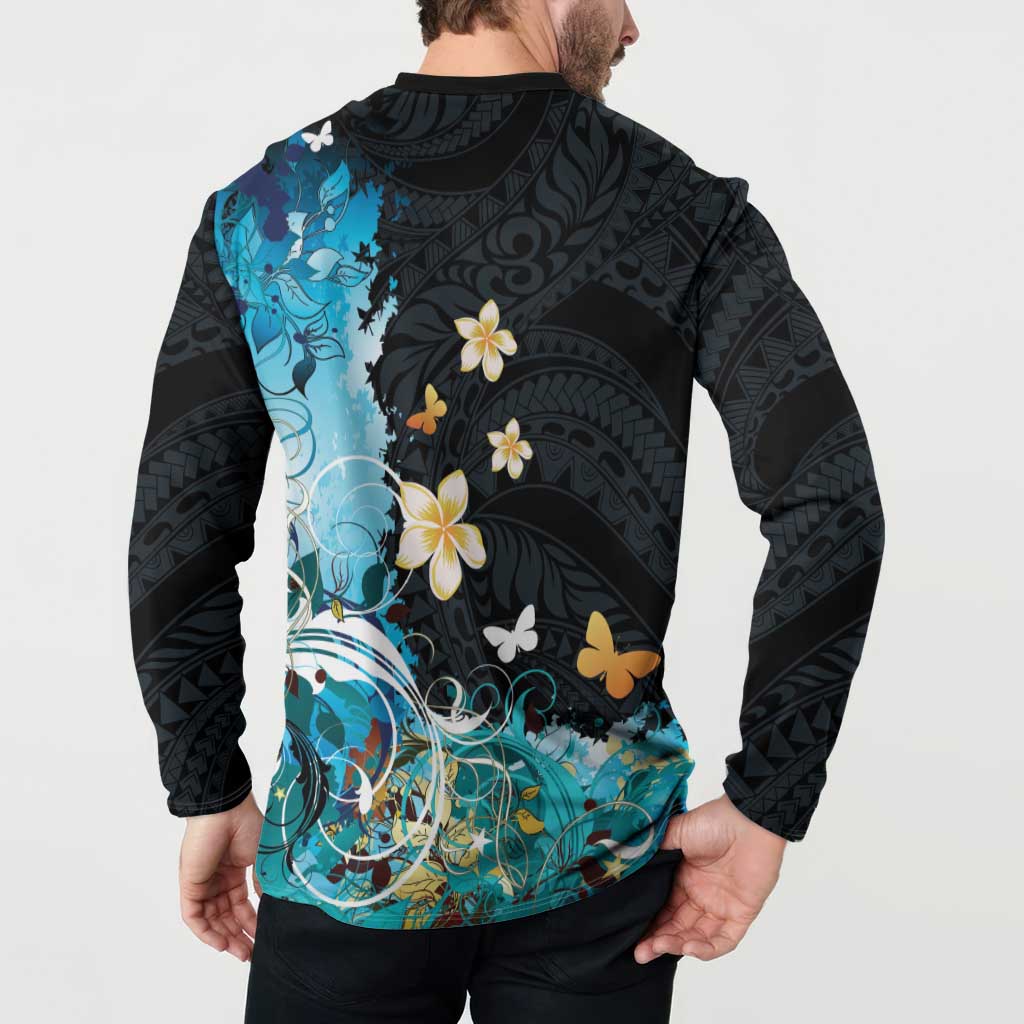 Blue Grunge Polynesian Pattern Button Sweatshirt Plumeria Floral LT01 - Polynesian Pride