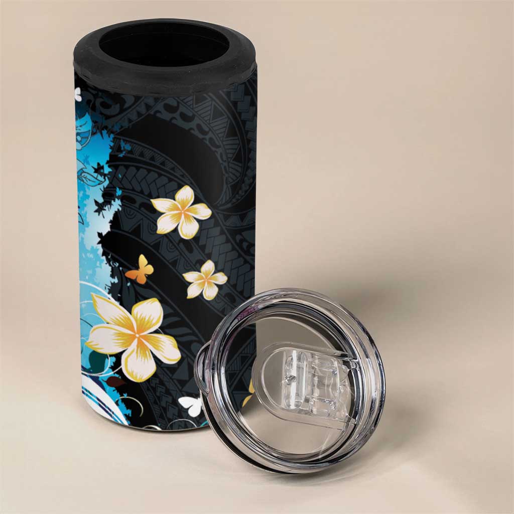 Blue Grunge Polynesian Pattern 4 in 1 Can Cooler Tumbler Plumeria Floral LT01 - Polynesian Pride