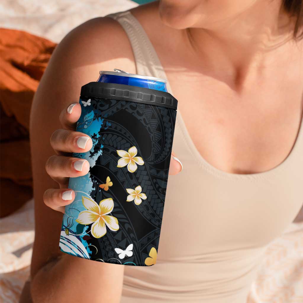 Blue Grunge Polynesian Pattern 4 in 1 Can Cooler Tumbler Plumeria Floral LT01 - Polynesian Pride