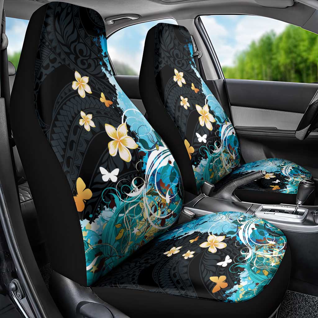 Blue Grunge Polynesian Pattern Car Seat Cover Plumeria Floral