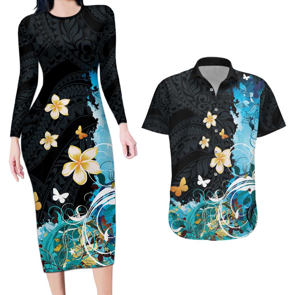 Blue Grunge Polynesian Pattern Couples Matching Long Sleeve Bodycon Dress and Hawaiian Shirt Plumeria Floral LT01 Blue - Polynesian Pride