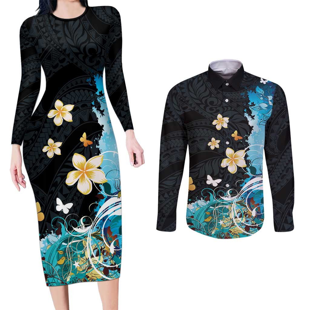 Blue Grunge Polynesian Pattern Couples Matching Long Sleeve Bodycon Dress and Long Sleeve Button Shirt Plumeria Floral LT01 Blue - Polynesian Pride