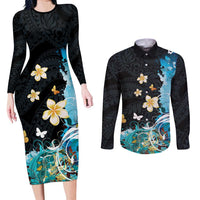 Blue Grunge Polynesian Pattern Couples Matching Long Sleeve Bodycon Dress and Long Sleeve Button Shirt Plumeria Floral LT01 Blue - Polynesian Pride