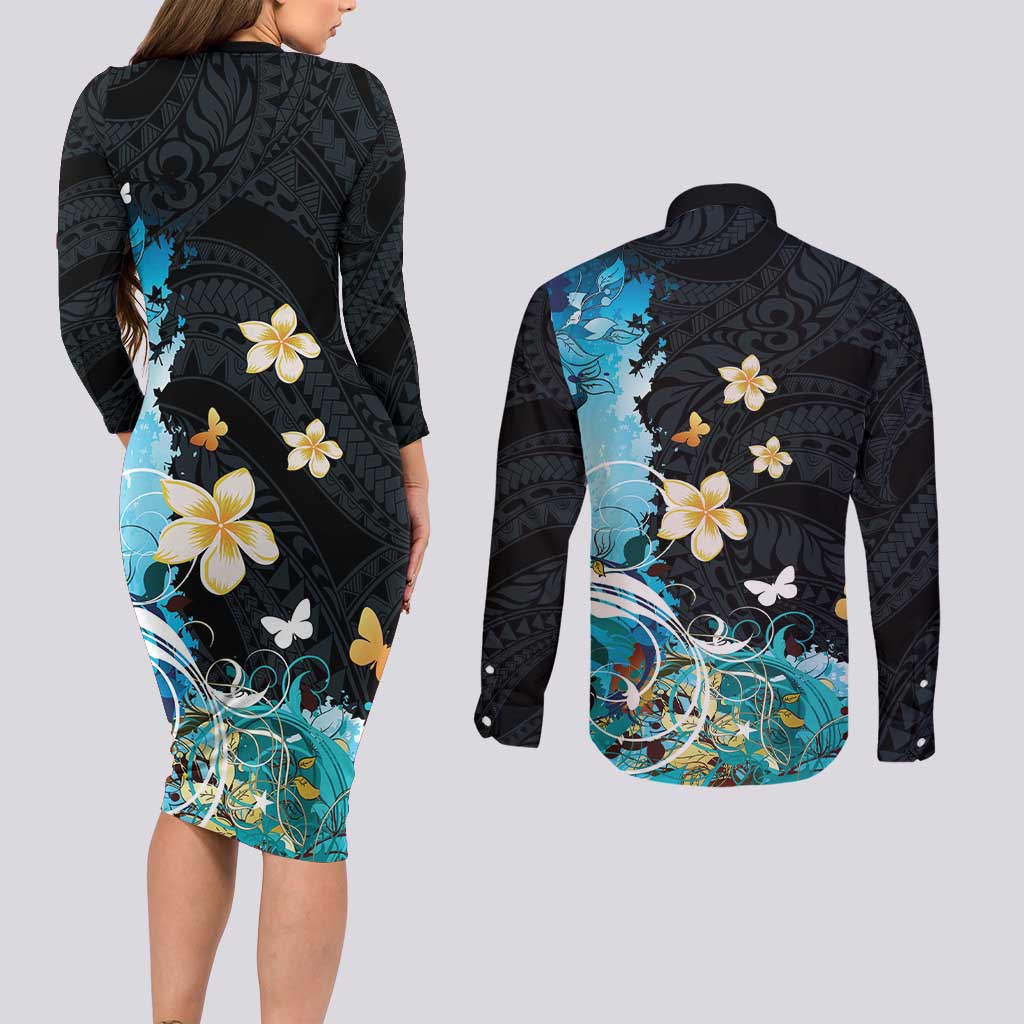 Blue Grunge Polynesian Pattern Couples Matching Long Sleeve Bodycon Dress and Long Sleeve Button Shirt Plumeria Floral LT01 - Polynesian Pride