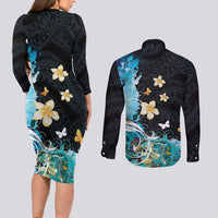 Blue Grunge Polynesian Pattern Couples Matching Long Sleeve Bodycon Dress and Long Sleeve Button Shirt Plumeria Floral LT01 - Polynesian Pride