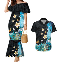 Blue Grunge Polynesian Pattern Couples Matching Mermaid Dress and Hawaiian Shirt Plumeria Floral LT01 Blue - Polynesian Pride