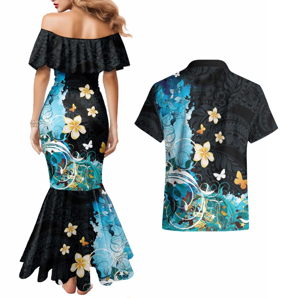 Blue Grunge Polynesian Pattern Couples Matching Mermaid Dress and Hawaiian Shirt Plumeria Floral LT01 - Polynesian Pride