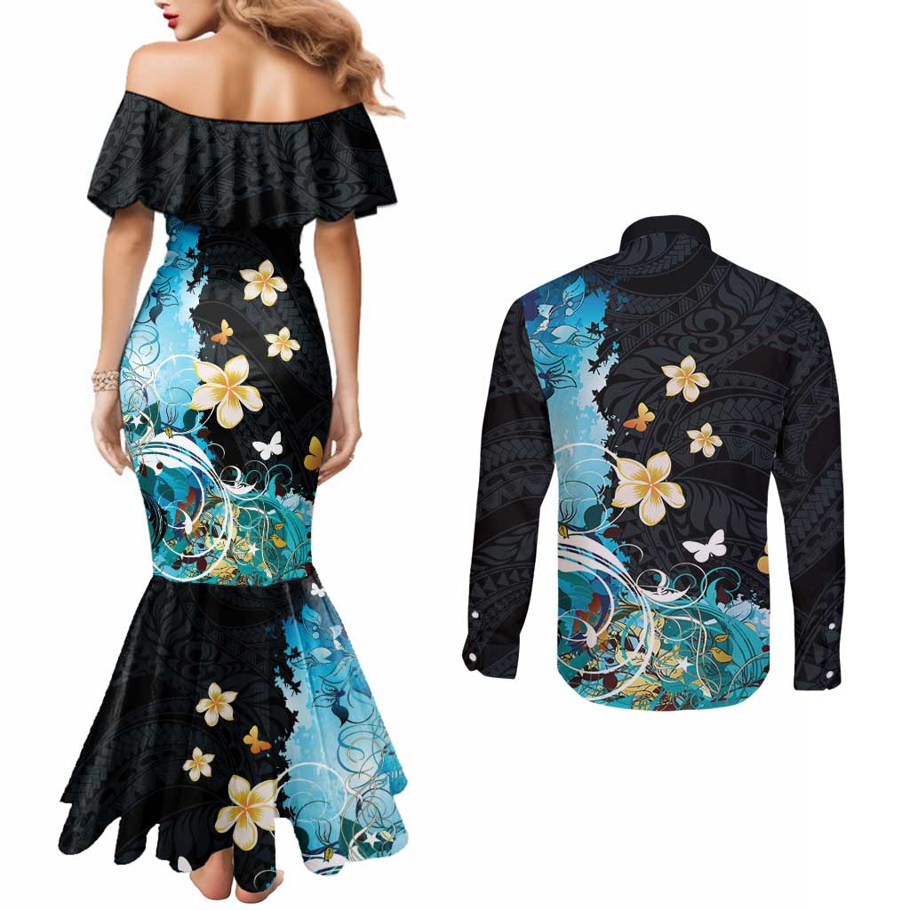 Blue Grunge Polynesian Pattern Couples Matching Mermaid Dress and Long Sleeve Button Shirt Plumeria Floral